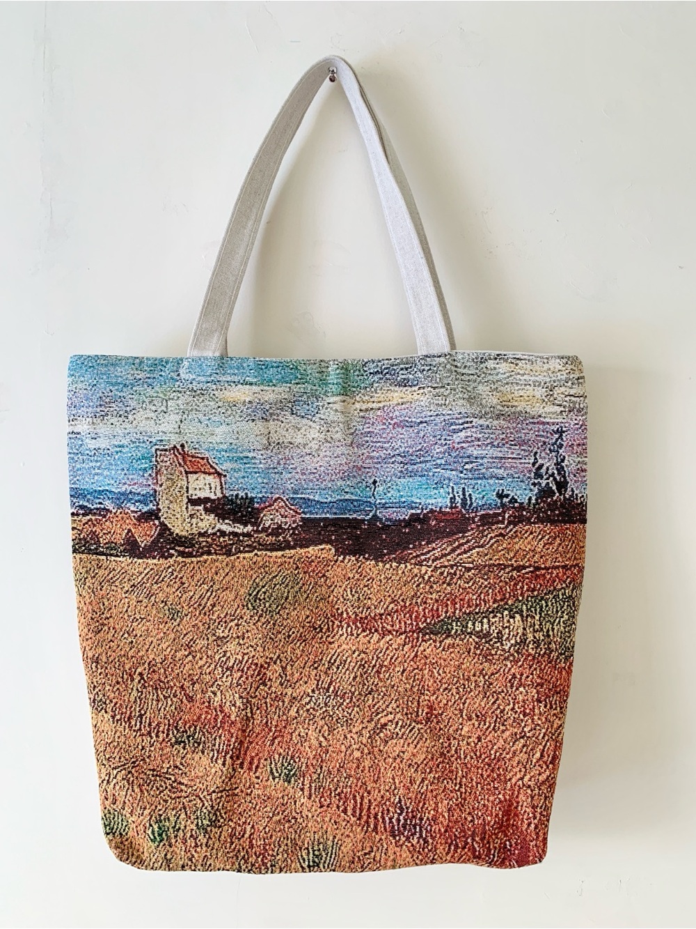 Landscape Woven Tapestry Tote Bag in Tan, Blue and Rust